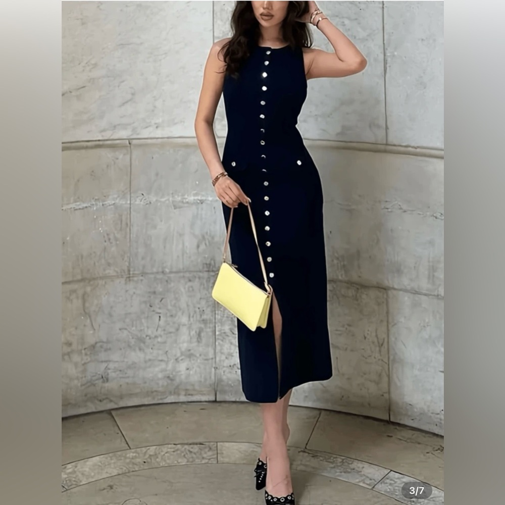 NWOT Elegant Navy Blue Button-Down Knit Dress